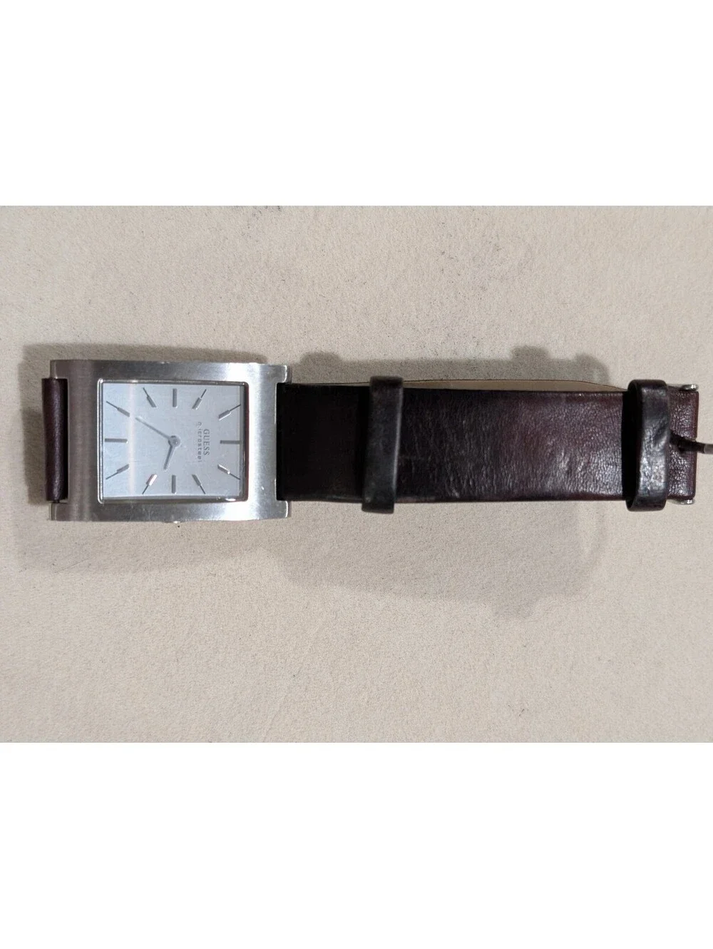 GUESS G85061G Men's Rectangular Silver Dial Brown Leather Watch